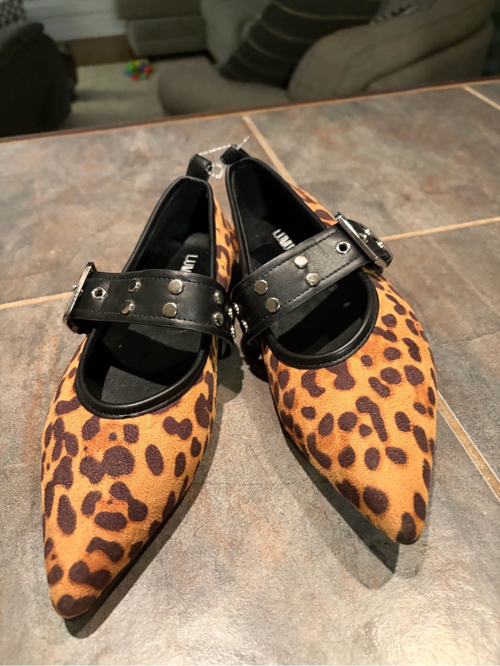 NWOT Studded Strap Leopard Pointed Mary Jane Flats - Brown/Black, size 8